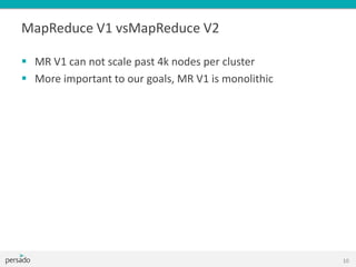 MapReduce V1 vsMapReduce V2
 MR V1 can not scale past 4k nodes per cluster
 More important to our goals, MR V1 is monolithic
10
 