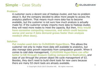 Simple - Case Study
Problem:
A customer owns a decent size of Hadoop cluster, and has no problem
about it. But the company decided to allow more people to access the
analytics platform. That means much more data has to become
available, but the customer is not sure how much analysis is actually
made for. If the customer simply imports more data to Hadoop cluster,
they will need more nodes to meet the capacity. But then, they would
have excessive computing resources, and which could become
worse and worse if data demand grows faster than analysis
needs(it often does).
4
worse and worse if data demand grows faster than analysis
needs(it often does).
Solution:
Put maybe-used data to CLOUDIAN HyperStore. This allows the
customer not only to make more data still available to analytics, but
also manage data growth separately from computation growth. When it
comes to cold data management, CLOUDIAN HyperStore can offer
better $/GB through Erasure Coding compared to Replication, and
ease of use through the proven object life cycle management of S3.
Besides, they don’t need to build client tools for new users because
there are many S3 client tools are already available.
© Copyright 2010-2015 Cloudian KK. All rights reserved.
 