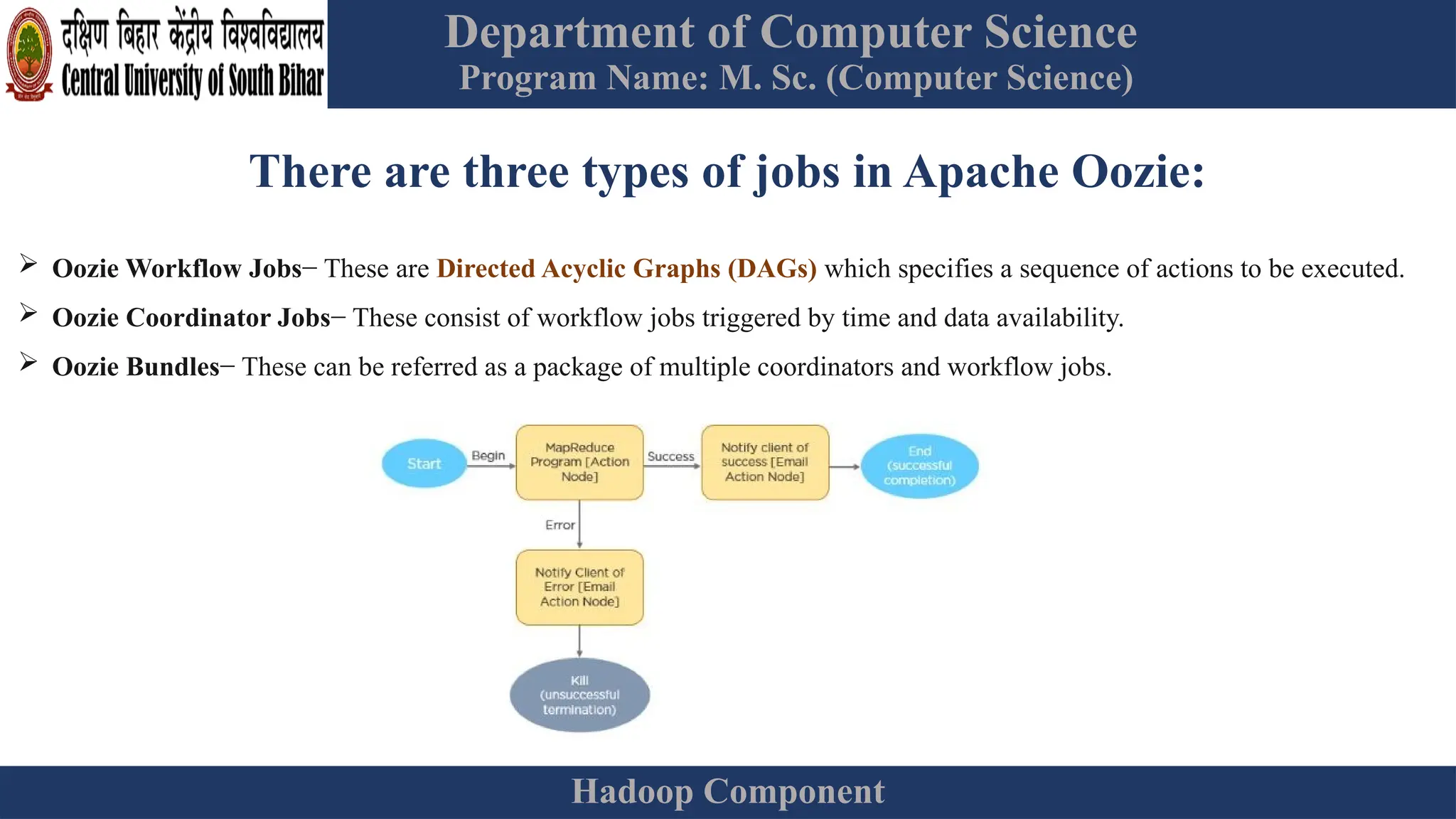 Department of Computer Science
Program Name: M. Sc. (Computer Science)
Hadoop Component
There are three types of jobs in Apache Oozie:
 Oozie Workflow Jobs− These are Directed Acyclic Graphs (DAGs) which specifies a sequence of actions to be executed.
 Oozie Coordinator Jobs− These consist of workflow jobs triggered by time and data availability.
 Oozie Bundles− These can be referred as a package of multiple coordinators and workflow jobs.
 
