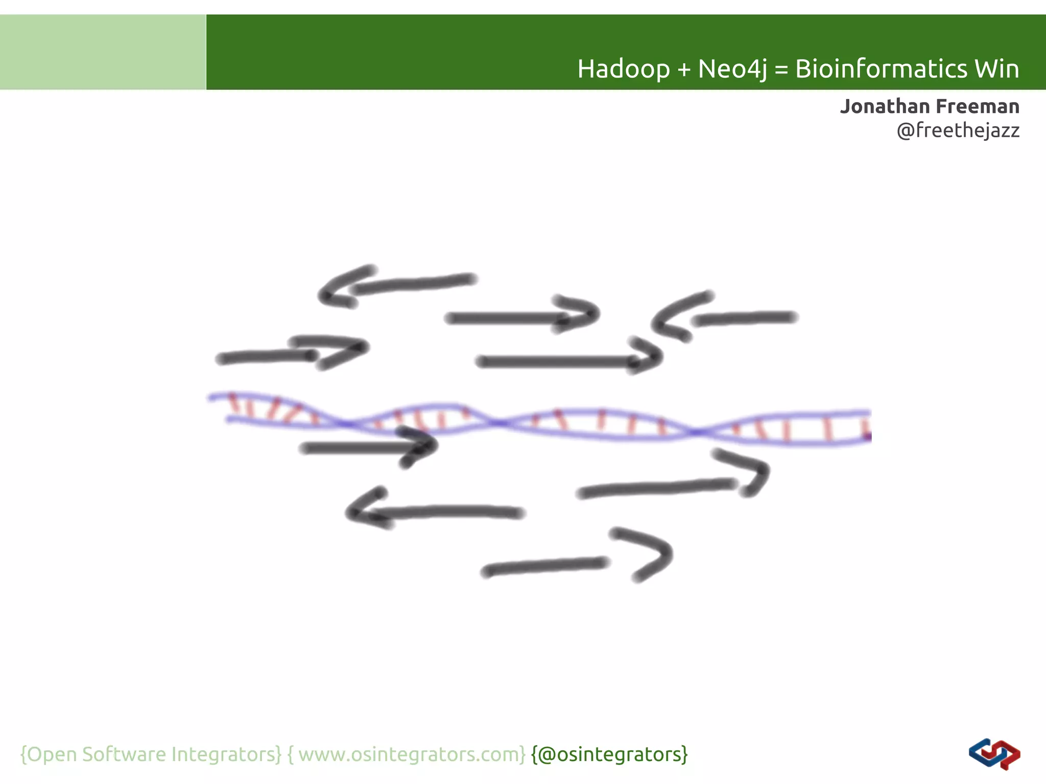 Hadoop + Neo4j = Bioinformatics Win
Jonathan Freeman
@freethejazz

{Open Software Integrators} { www.osintegrators.com} {@osintegrators}

 