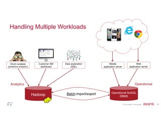 © 2014 MapR Technologies 10 
Mobile 
application server 
Web 
application server 
Handling Multiple Workloads 
Analytics Operational 
Hadoop 
Data exploration 
(SQL) 
Operational NoSQL 
DBMS 
Batch import/export 
Customer 360 
dashboard 
Churn analysis 
(predictive analytics) 
 
