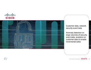 Customer data, network 
security event data 
Anomaly detection on 
large volumes of security 
event data, analytics on 
customer data to enable 
incremental sales 
© 2014 MapR Technologies 18 
 