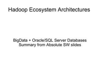 Hadoop Ecosystem Architectures 
BigData + Oracle/SQL Server Databases 
Summary from Absolute SW slides 
 