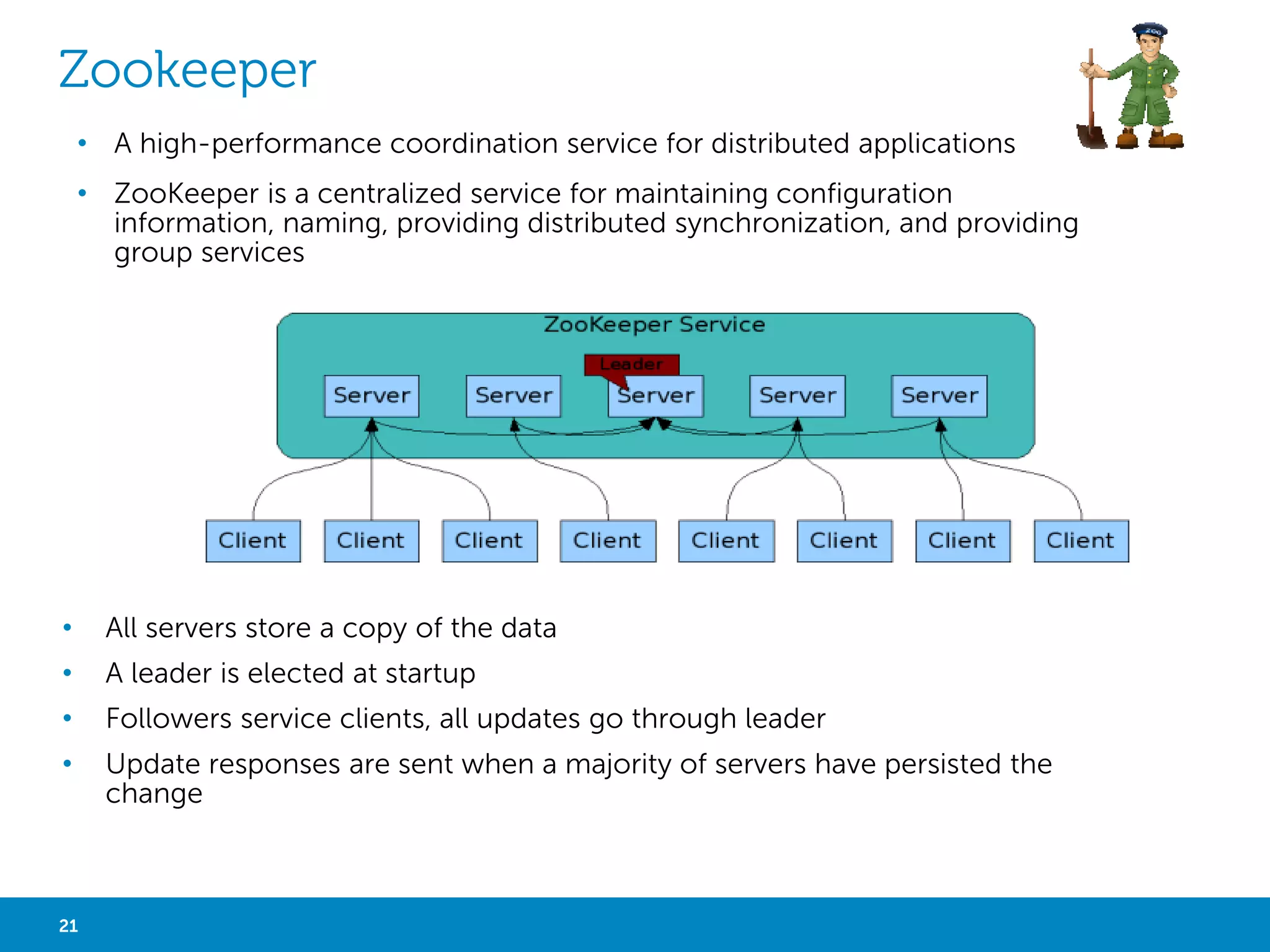 HDFS & MAPREDUCE 
• Hadoop Distributed File System 
- A scalable, Fault tolerant, High performance distributed file 
system 
- Asynchronous replication 
- Write-once and read-many (WORM) 
- Hadoop cluster with 3 DataNodes minimum 
- Data divided into 64MB (default) or 128MB blocks, each 
block replicated 3 times (default) 
- No RAID required for DataNode 
- Interfaces: Java, Thrift, C Library, FUSE, WebDAV, HTTP, FTP 
- NameNode holds filesystem metadata 
- Files are broken up and spread over the DataNodes 
• Hadoop Map Reduce 
- Software framework for distributed computation 
- Input | Map() | Copy/Sort | Reduce() | Output 
- JobTracker schedules and manages jobs 
- TaskTracker executes individual map() and reduce() tasks on 
each cluster node 
21 Big Data Analytics with Hadoop 
Master Node 
Worker Nodes 
 