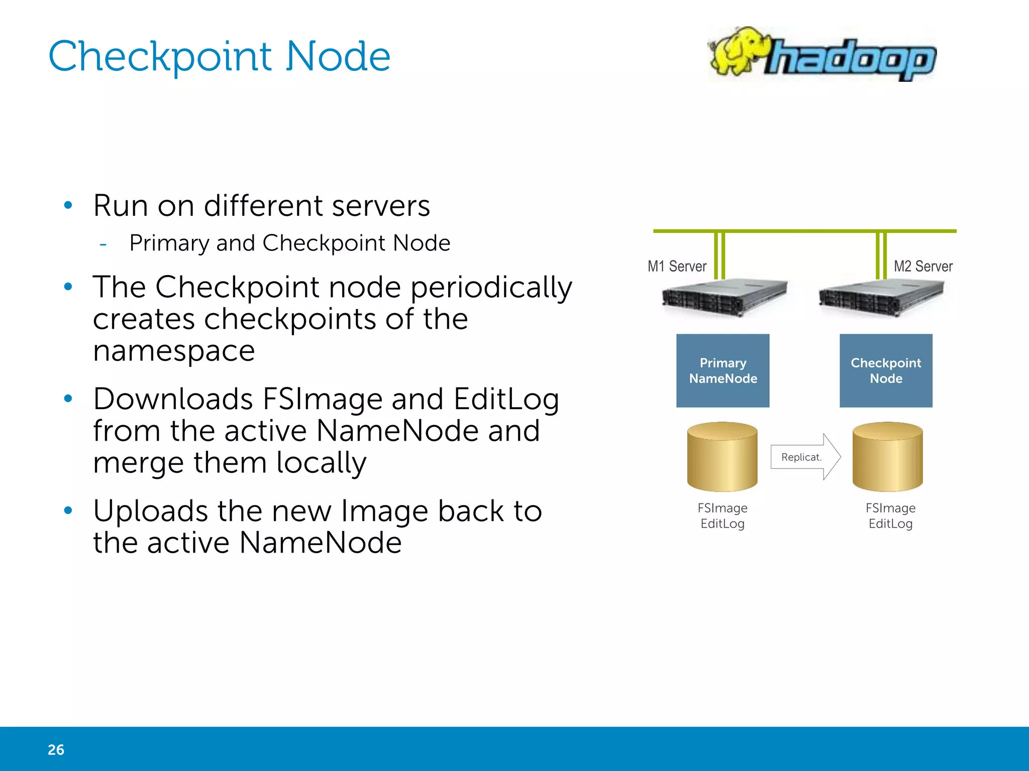 HBASE 
• It's not a relational database (No joins) 
• Sparse data – nulls are stored for free 
• Semi-structured or unstructured data 
• Data changes through time 
• Versioned data 
• Scalable – Goal of billions of rows x millions 
of columns 
Key Family 
26 Big Data Analytics with Hadoop 
Table - Example 
(Table, Row_Key, Family, Column, Timestamp) = Cell (Value) 
Region 
Row Timestamp Animal Repair 
Type Size Cost 
Enclosure1 
12 Zebra Medium 1000€ 
11 Lion Big 
Enclosure2 13 Monkey Small 1500€ 
Column 
Cell 
• Clone of Big Table (Google) 
• Implemented in Java (Clients : Java, C++, Ruby...) 
• Data is stored “Column‐oriented” 
• Distributed over many servers 
• Tolerant of machine failure 
• Layered over HDFS 
• Strong consistency 
 