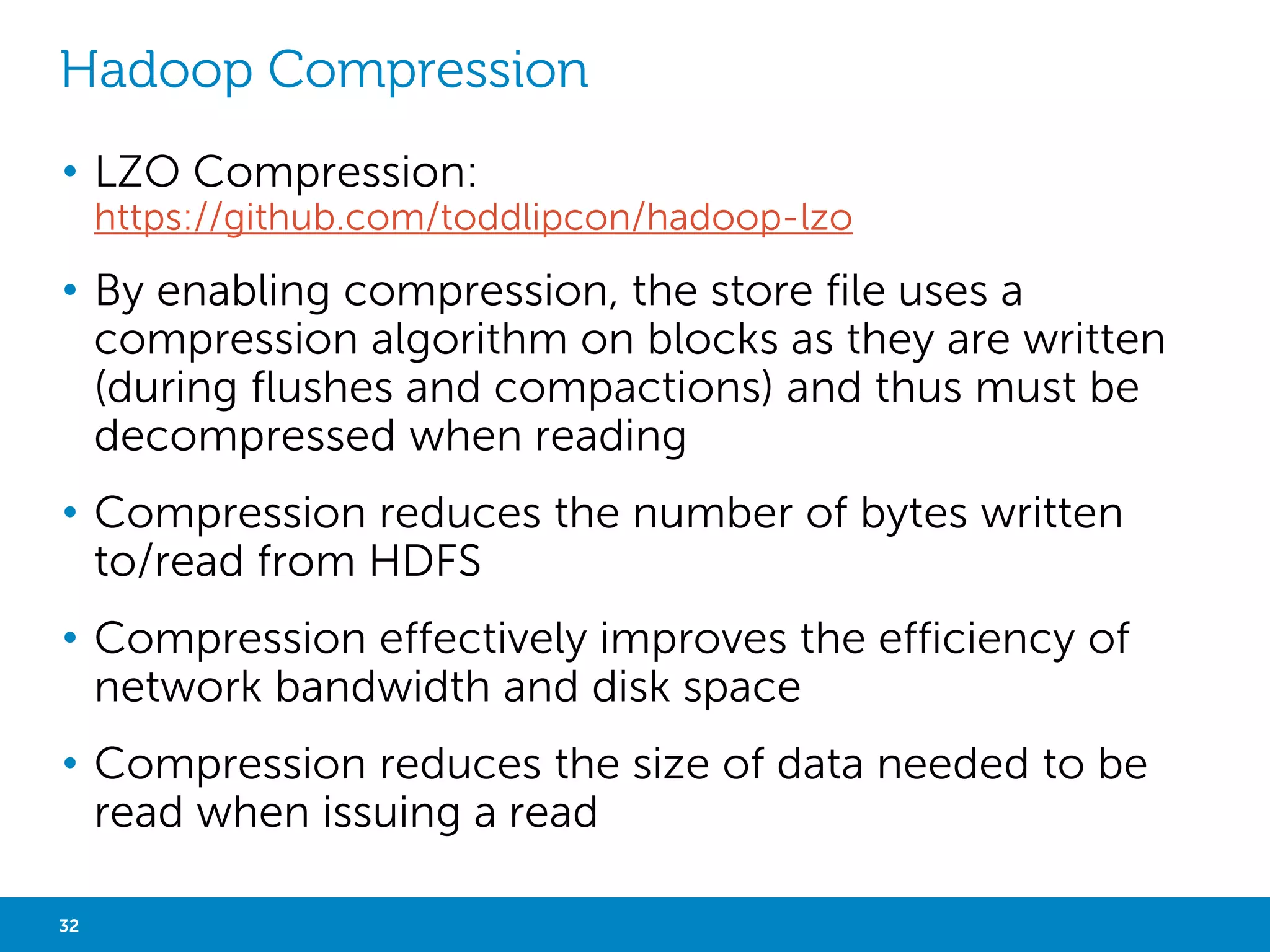 SERIALIZATION 
• A data serialization system that provides dynamic integration 
with scripting languages 
• Avro Data 
- Expressive 
- Smaller and Faster 
- Dynamic 
- Schema store with data 
- APIs permit reading and creating 
- Include a file format and a textual encoding 
• Avro RPC 
- Leverage versioning support 
- For Hadoop service provide cross-language access 
32 Big Data Analytics with Hadoop 
 
