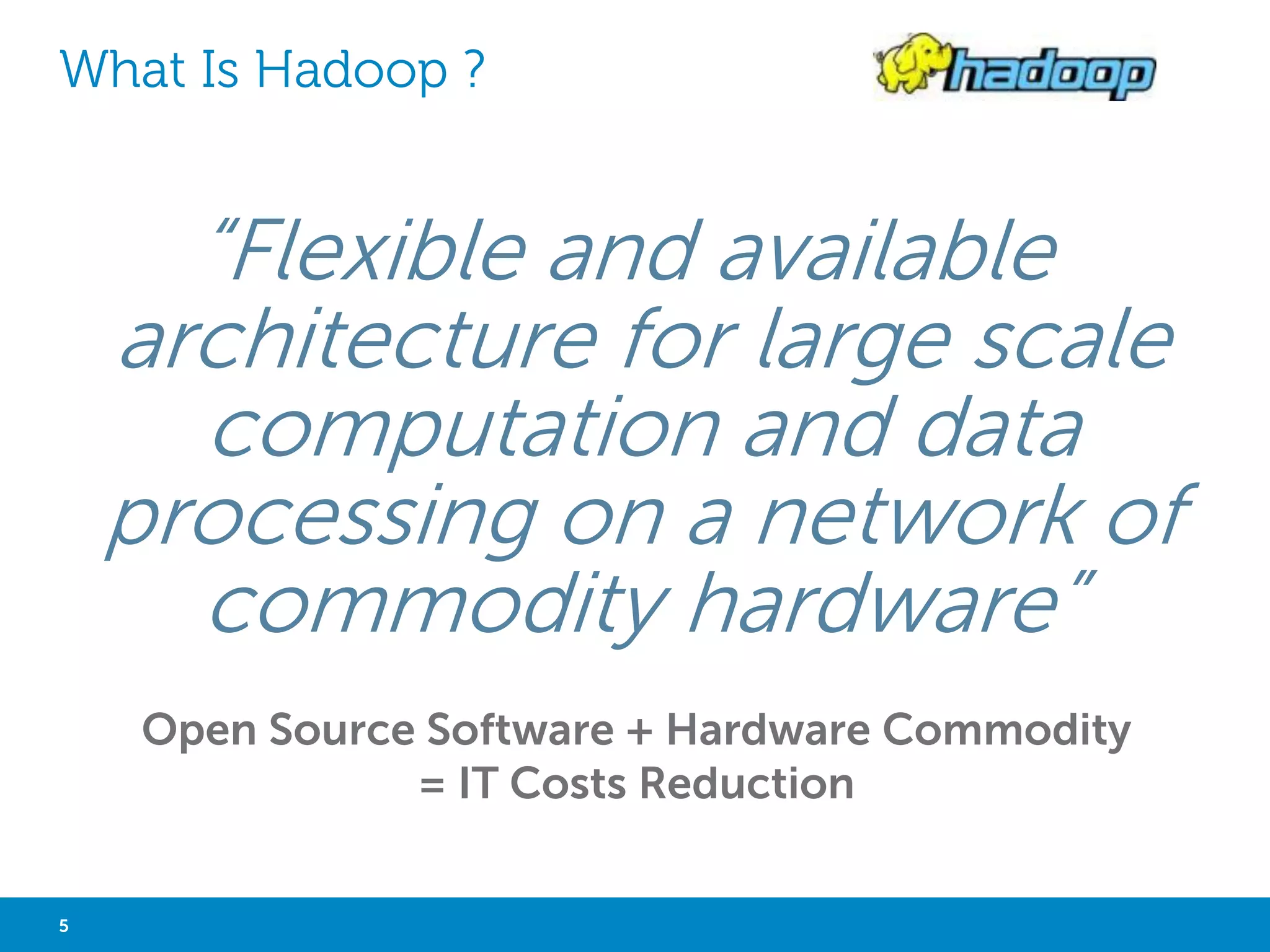 BIG DATA – NOT ONLY DATA VOLUME 
• Improve analytics and statistics 
models 
• Extract business value by 
analyzing large volumes of multi-structured 
data from various 
sources such as databases, 
websites, blogs, social media, 
smart sensors... 
• Have efficient architectures, 
massively parallel, highly scalable 
and available to handle very large 
data volumes up to several 
petabytes 
Thematics 
• Web Technologies 
• Database Scale-out 
• Relational Data Analytics 
• Distributed Data Analytics 
• Distributed File Systems 
• Real Time Analytics 
5 Big Data Analytics with Hadoop 
 