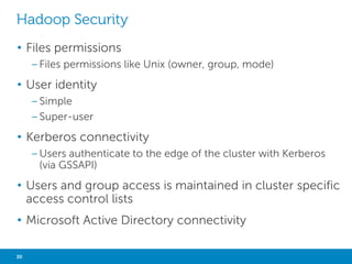 MANAGEMENT 
OOZIE CHUKWA ZOOKEEPER 
• Oozie is a server based Bundle Engine 
that provides a higher-level Oozie 
abstraction that will batch a set of 
coordinator applications. The user will 
be able to 
start/stop/suspend/resume/rerun a set 
coordinator jobs in the bundle level 
resulting a better and easy operational 
control 
• Oozie is a server based Coordinator 
Engine specialized in running workflows 
based on time and data triggers 
• Oozie is a server based Workflow Engine 
specialized in running workflow jobs 
with actions that execute Hadoop 
Map/Reduce and Pig jobs 
• A data collection system for 
managing large distributed 
systems 
• Build on HDFS and MapReduce 
• Tools kit for displaying, 
monitoring and analyzing the log 
files 
30 Big Data Analytics with Hadoop 
• A high-performance 
coordination service for 
distributed applications 
• Zookeeper is a centralized 
service for maintaining 
configuration information, 
naming, providing distributed 
synchronization, and providing 
group services 
 