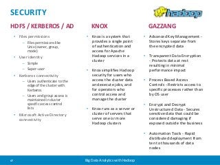 SECURITY 
HDFS / KERBEROS / AD KNOX 
• Files permissions 
– Files permissions like 
Unix (owner, group, 
mode) 
• User identity 
– Simple 
– Super-user 
• Kerberos connectivity 
– Users authenticate to the 
edge of the cluster with 
Kerberos 
– Users and group access is 
maintained in cluster 
specific access control 
lists 
• Microsoft Active Directory 
connectivity 
• Knox is a system that 
provides a single point 
of authentication and 
access for Apache 
Hadoop services in a 
cluster 
• Knox simplifies Hadoop 
security for users who 
access the cluster data 
and execute jobs, and 
for operators who 
control access and 
manage the cluster 
• Knox runs as a server or 
cluster of servers that 
serve one or more 
Hadoop clusters 
47 Big Data Analytics with Hadoop 
GAZZANG 
• Advanced Key Management - 
Stores keys separate from 
the encrypted data 
• Transparent Data Encryption 
- Protects data at rest 
resulting in minimal 
performance impact 
• Process Based Access 
Controls - Restricts access to 
specific processes rather than 
by OS user 
• Encrypt and Decrypt 
Unstructured Data - Secures 
sensitive data that could be 
considered damaging if 
exposed outside the business 
• Automation Tools - Rapid 
distributed deployment from 
ten to thousands of data 
nodes 
 