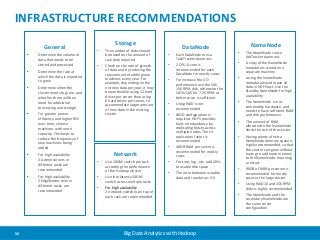 INFRASTRUCTURE RECOMMENDATIONS 
General 
• Determine the volume of 
data that needs to be 
stored and processed 
• Determine the rate at 
which the data is expected 
to grow 
• Determine when the 
cluster needs to grow, and 
whether there will be a 
need for additional 
processing and storage 
• For greater power 
efficiency and higher ROI 
over time, choose 
machines with more 
capacity. This helps to 
reduce the frequency of 
new machines being 
added 
• For high availability 
2 Admin servers in 
different racks are 
recommended 
• For high availability 
2 EdgeNodes mini in 
different racks are 
recommended 
Storage 
• The number of disks should 
be based on the amount of 
raw data required 
• Check on the rate of growth 
of data and try reducing the 
requirement of adding new 
machines every year. For 
example, depending on the 
net new data per year, it may 
be worthwhile using 12 hard 
drives per server than using 
6 hard drives per server, to 
accommodate larger amount 
of new data in the existing 
cluster 
DataNode 
• Each DataNode runs a 
TaskTracker daemons 
• 2 CPU 6-core is 
recommended for each 
DataNode for mostly cases 
• For increase the I/O 
performance use the SAS 
15K RPM disk, otherwise the 
SATA/SAS NL 7.2K RPM at 
better price is sufficient 
• Using RAID is not 
recommended 
• JBOD configuration is 
required. HDFS provides 
built-in redundancy by 
replicating blocks across 
multiple nodes. The x3 
replication factor is 
recommended 
• 48GB RAM per server is 
recommended for mostly 
cases 
• For tmp, log , etc, add 20% 
to usable disk space 
• The ratio between useable 
data and raw data is 3.6 
56 Big Data Analytics with Hadoop 
NameNode 
• The NameNode runs a 
JobTracker daemons 
• A copy of the NameNode 
metadata is stored on a 
separate machine 
• Losing the NameNode 
metadata would mean all 
data in HDFS lost. Use the 
Standby NameNode for high 
availability 
• The NameNode is not 
commodity hardware, and 
needs to have sufficient RAM 
and disk performance 
• The amount of RAM 
allocated to the NameNode 
limits the size of the cluster 
• Having plenty of extra 
NameNode memory space is 
highly recommended, so that 
the cluster can grow without 
having to add more memory 
to the NameNode, requiring 
a restart. 
• 96GB of RAM per server is 
recommended for mostly 
cases in the large cluster 
• Using RAID10 and 15K RPM 
disks is highly recommended 
• The NameNode and the 
secondary NameNode are 
the same server 
configuration 
Network 
• Use 10GbE switch per rack 
according the performance 
of the Hadoop cluster 
• Use low-latency 10GbE 
switch across multiple racks 
• For high availability 
2 network switches on top of 
each rack are recommended 
 