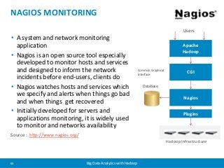 NAGIOS MONITORING 
• A system and network monitoring 
application 
• Nagios is an open source tool especially 
developed to monitor hosts and services 
and designed to inform the network 
incidents before end-users, clients do 
• Nagios watches hosts and services which 
we specify and alerts when things go bad 
and when things get recovered 
• Initially developed for servers and 
applications monitoring, it is widely used 
to monitor and networks availability 
53 Big Data Analytics with Hadoop 
Apache 
Hadoop 
CGI 
Nagios 
Plugins 
Database 
Hadoop infrastructure 
Common Graphical 
Interface 
Users 
Source : http://www.nagios.org/ 
 
