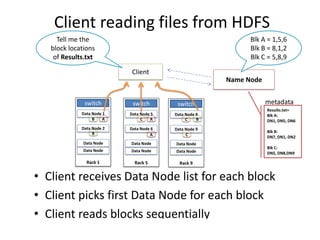 Client reading files from HDFS
Name Node
Client
Tell me the
block locations
of Results.txt
Blk A = 1,5,6
Blk B = 8,1,2
Blk C = 5,8,9
Results.txt=
Blk A:
DN1, DN5, DN6
Blk B:
DN7, DN1, DN2
Blk C:
DN5, DN8,DN9
metadata
Rack 1
Data Node 1
Data Node 2
Data Node
Data Node
switch
A
Rack 5
Data Node 5
Data Node 6
Data Node
Data Node
switch
Rack 9
Data Node 8
Data Node 9
Data Node
Data Node
switch
• Client receives Data Node list for each block
• Client picks first Data Node for each block
• Client reads blocks sequentially
A
A
BB
B
C C
C
BRAD HEDLUND .com
 