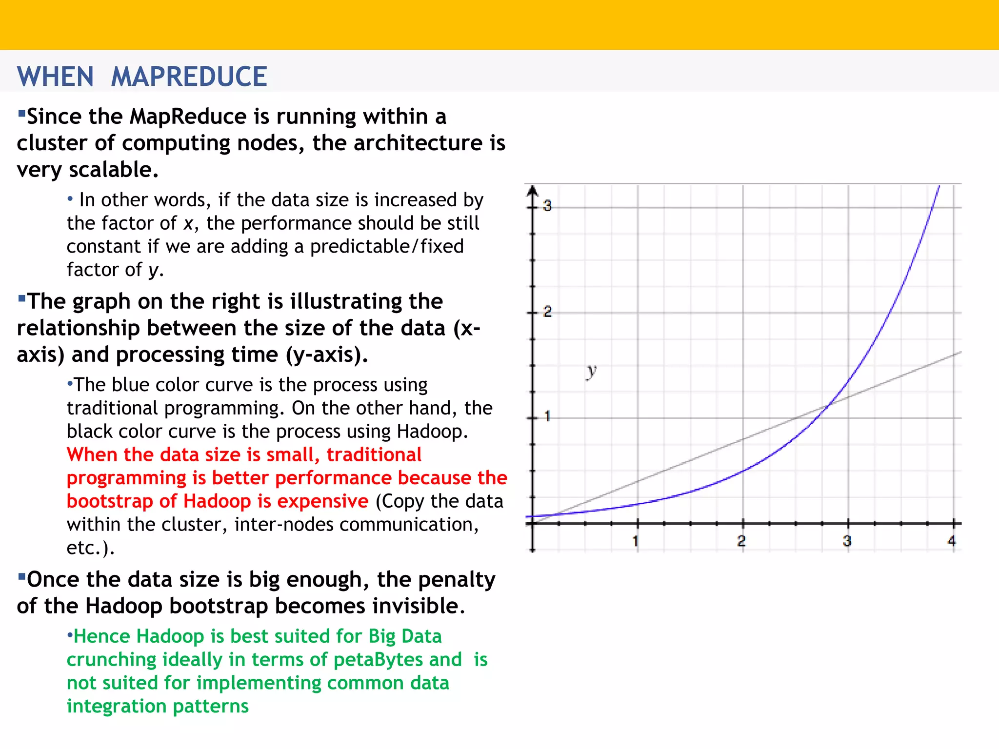 WHEN MAPREDUCE Since the MapReduce is running within a cluster of computing nodes, the architecture is very scalable. • In other words, if the data size is increased by the factor of x, the performance should be still constant if we are adding a predictable/fixed factor of y. The graph on the right is illustrating the relationship between the size of the data (xaxis) and processing time (y-axis). •The blue color curve is the process using traditional programming. On the other hand, the black color curve is the process using Hadoop. When the data size is small, traditional programming is better performance because the bootstrap of Hadoop is expensive (Copy the data within the cluster, inter-nodes communication, etc.). Once the data size is big enough, the penalty of the Hadoop bootstrap becomes invisible. •Hence Hadoop is best suited for Big Data crunching ideally in terms of petaBytes and is not suited for implementing common data integration patterns