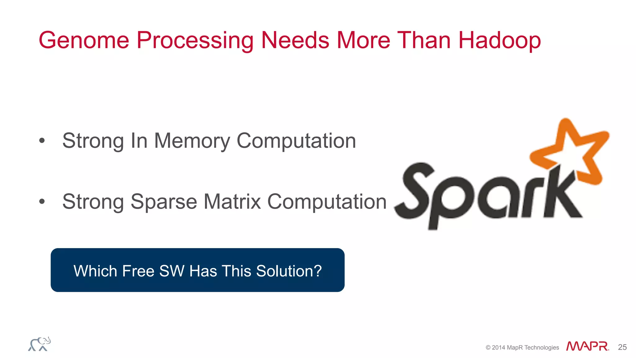 ®
© 2014 MapR Technologies 25
Genome Processing Needs More Than Hadoop
•  Strong In Memory Computation
•  Strong Sparse Matrix Computation
Which Free SW Has This Solution?
 