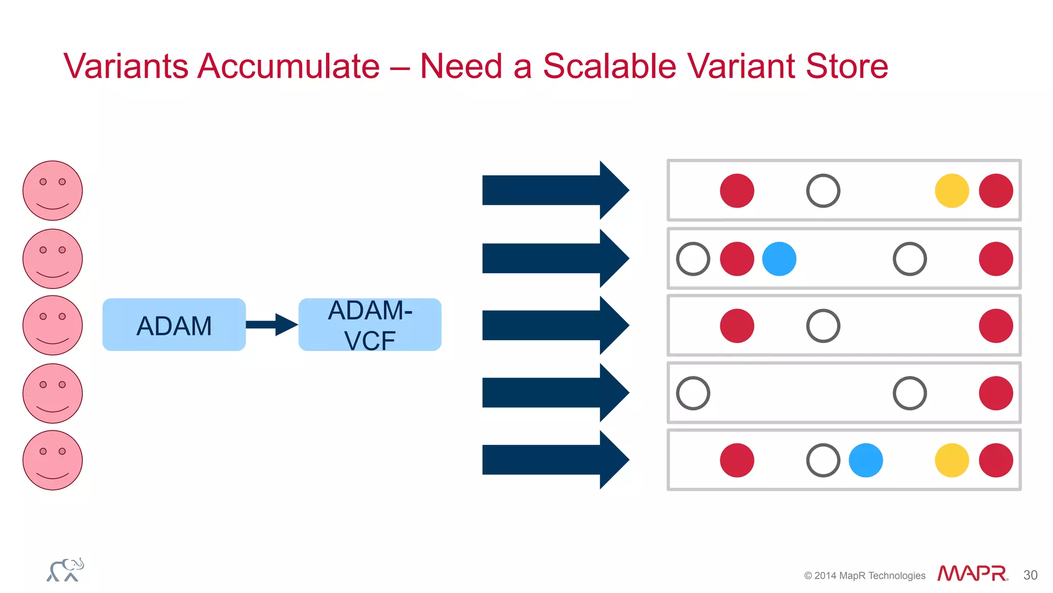 ®
© 2014 MapR Technologies 30
Variants Accumulate – Need a Scalable Variant Store
ADAM
ADAM-
VCF
 