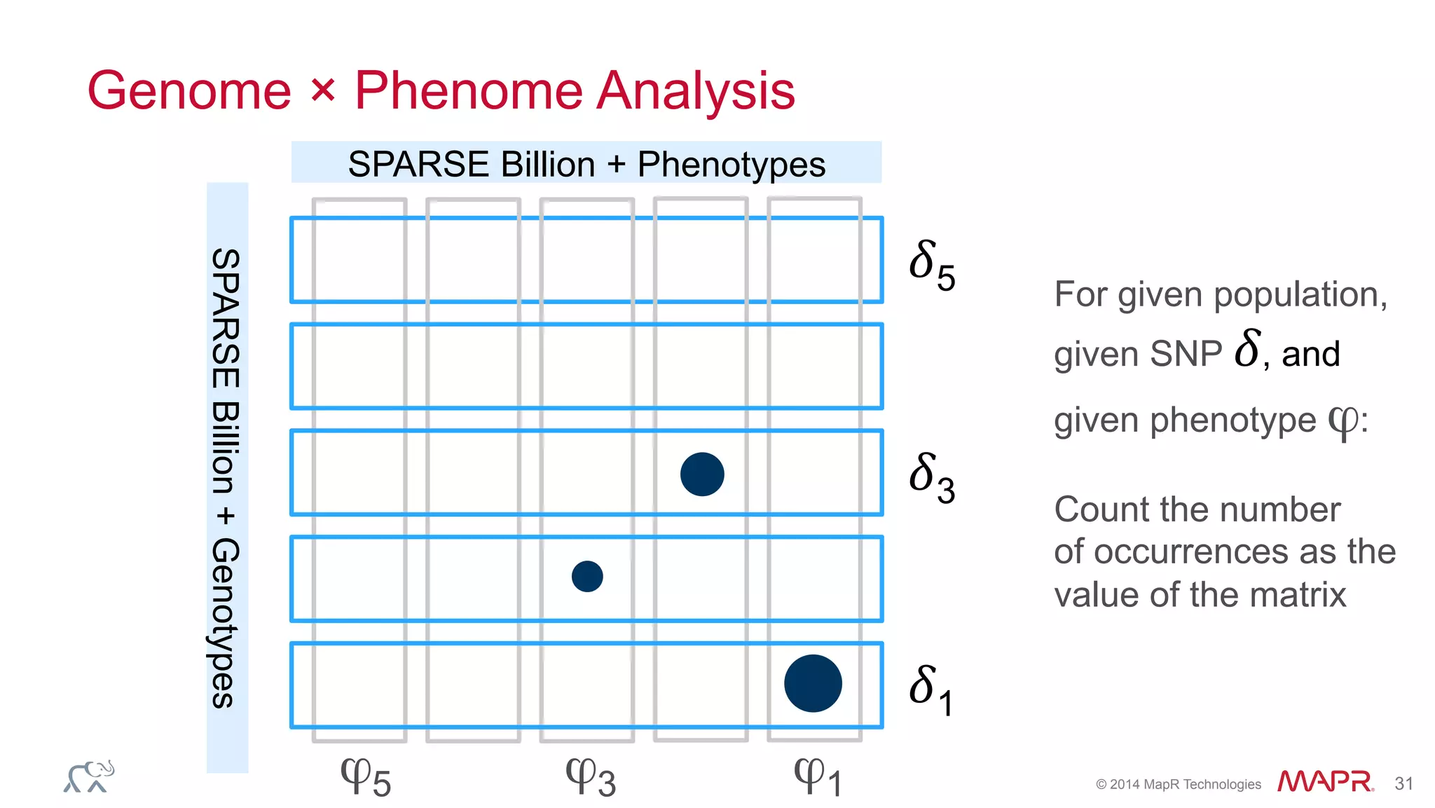 ®
© 2014 MapR Technologies 31
Genome × Phenome Analysis
For given population,
given SNP 𝛿, and
given phenotype ϕ:
Count the number
of occurrences as the
value of the matrix
𝛿5
ϕ5 ϕ3 ϕ1
𝛿3
𝛿1
SPARSE Billion + Phenotypes
SPARSEBillion+Genotypes
 