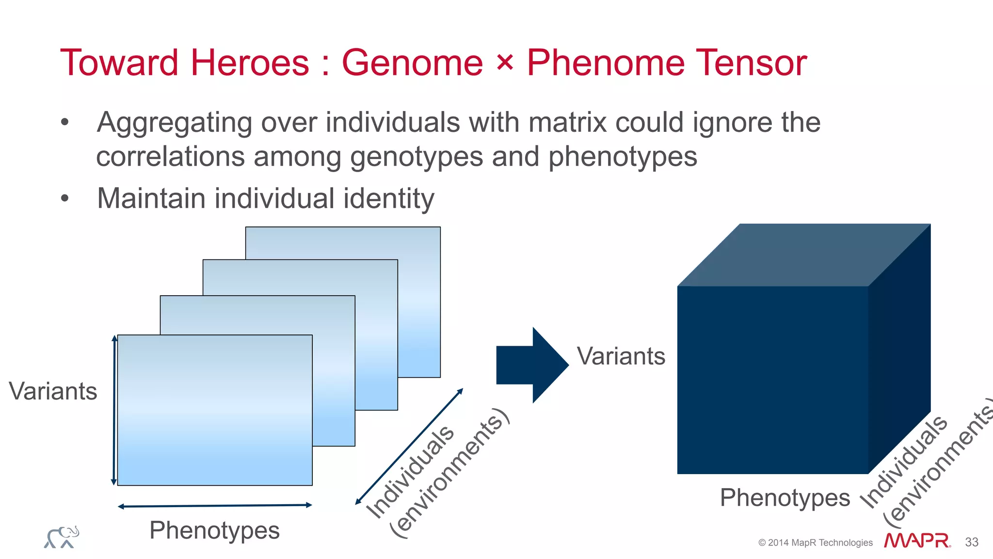 ®
© 2014 MapR Technologies 33
Toward Heroes : Genome × Phenome Tensor
•  Aggregating over individuals with matrix could ignore the
correlations among genotypes and phenotypes
•  Maintain individual identity
Variants
Phenotypes
Variants
Phenotypes
 