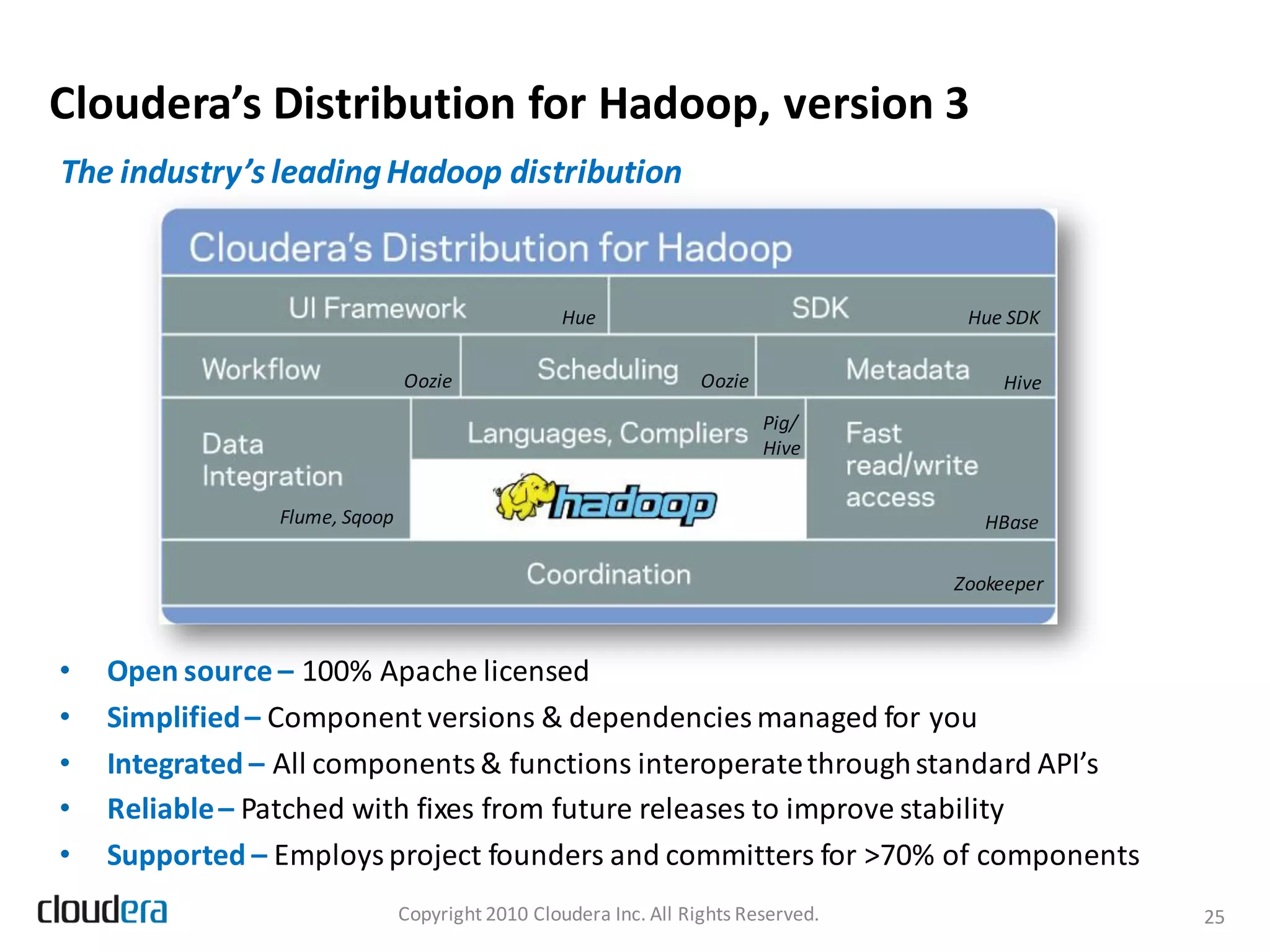 Cloudera’s Distribution for Hadoop, version 3
The industry’s leading Hadoop distribution


                                                  Hue                               Hue SDK

                               Oozie                              Oozie                Hive
                                                                          Pig/
                                                                          Hive


                Flume, Sqoop                                                          HBase

                                                                                   Zookeeper



•   Open source – 100% Apache licensed
•   Simplified – Component versions & dependencies managed for you
•   Integrated – All components & functions interoperate through standard API’s
•   Reliable – Patched with fixes from future releases to improve stability
•   Supported – Employs project founders and committers for >70% of components
                               Copyright 2010 Cloudera Inc. All Rights Reserved.               25
 