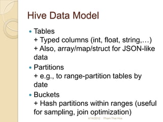 Hive Data Model
 Tables
  + Typed columns (int, float, string,…)
  + Also, array/map/struct for JSON-like
  data
 Partitions
  + e.g., to range-partition tables by
  date
 Buckets
  + Hash partitions within ranges (useful
  for sampling, join optimization)
                   4/14/2012   Pham Thai Hoa
 