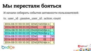 Мы перестали бояться 
И начали собирать события активности пользователей: 
ts ; user_id ; passive_user_id ; action; count 
2014-08-31 00:01:00 12345 54321m:n 1 
2014-08-31 00:01:05 23456 0t 45 
2014-08-31 00:01:05 23456 65432m:n 1 
2014-08-31 00:02:03 12345 76543m:y 1 
2014-08-31 00:02:03 12345 0t 50 
2014-08-31 00:05:00 23456 0t 21 
2014-08-31 00:10:00 12345 87654m:n 1 
 