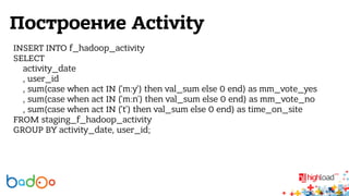 Построение Activity 
INSERT INTO f_hadoop_activity 
SELECT 
activity_date 
, user_id 
, sum(case when act IN ('m:y') then val_sum else 0 end) as mm_vote_yes 
, sum(case when act IN ('m:n') then val_sum else 0 end) as mm_vote_no 
, sum(case when act IN ('t') then val_sum else 0 end) as time_on_site 
FROM staging_f_hadoop_activity 
GROUP BY activity_date, user_id; 
 