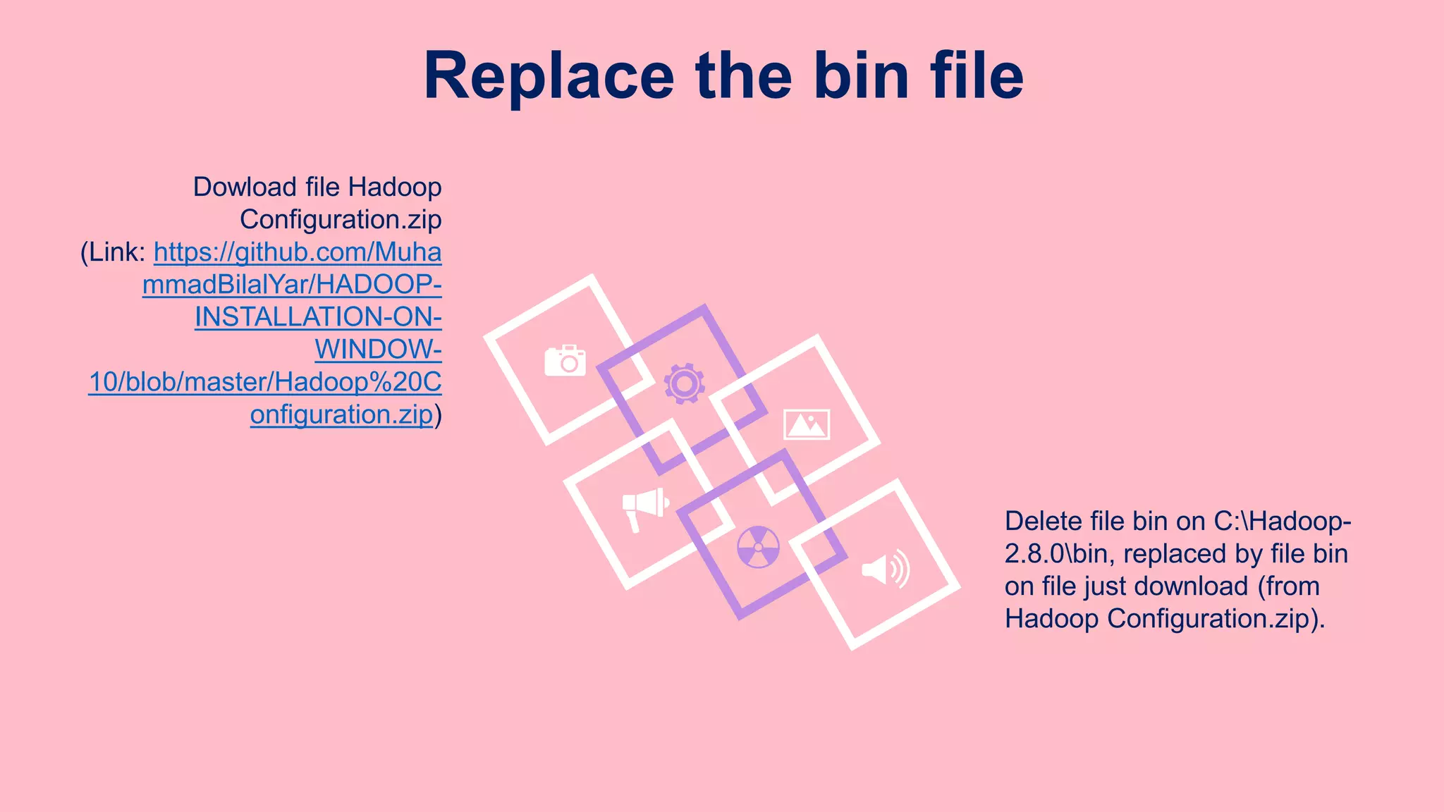 Replace the bin file
Delete file bin on C:Hadoop-
2.8.0bin, replaced by file bin
on file just download (from
Hadoop Configuration.zip).
Dowload file Hadoop
Configuration.zip
(Link: https://github.com/Muha
mmadBilalYar/HADOOP-
INSTALLATION-ON-
WINDOW-
10/blob/master/Hadoop%20C
onfiguration.zip)
 