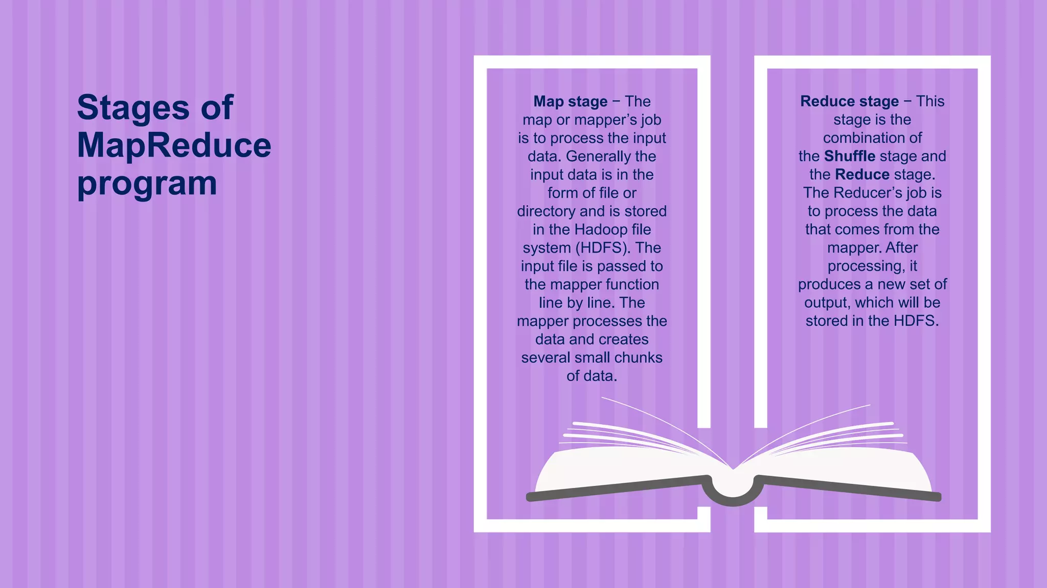 Map stage − The
map or mapper’s job
is to process the input
data. Generally the
input data is in the
form of file or
directory and is stored
in the Hadoop file
system (HDFS). The
input file is passed to
the mapper function
line by line. The
mapper processes the
data and creates
several small chunks
of data.
Stages of
MapReduce
program
Reduce stage − This
stage is the
combination of
the Shuffle stage and
the Reduce stage.
The Reducer’s job is
to process the data
that comes from the
mapper. After
processing, it
produces a new set of
output, which will be
stored in the HDFS.
 