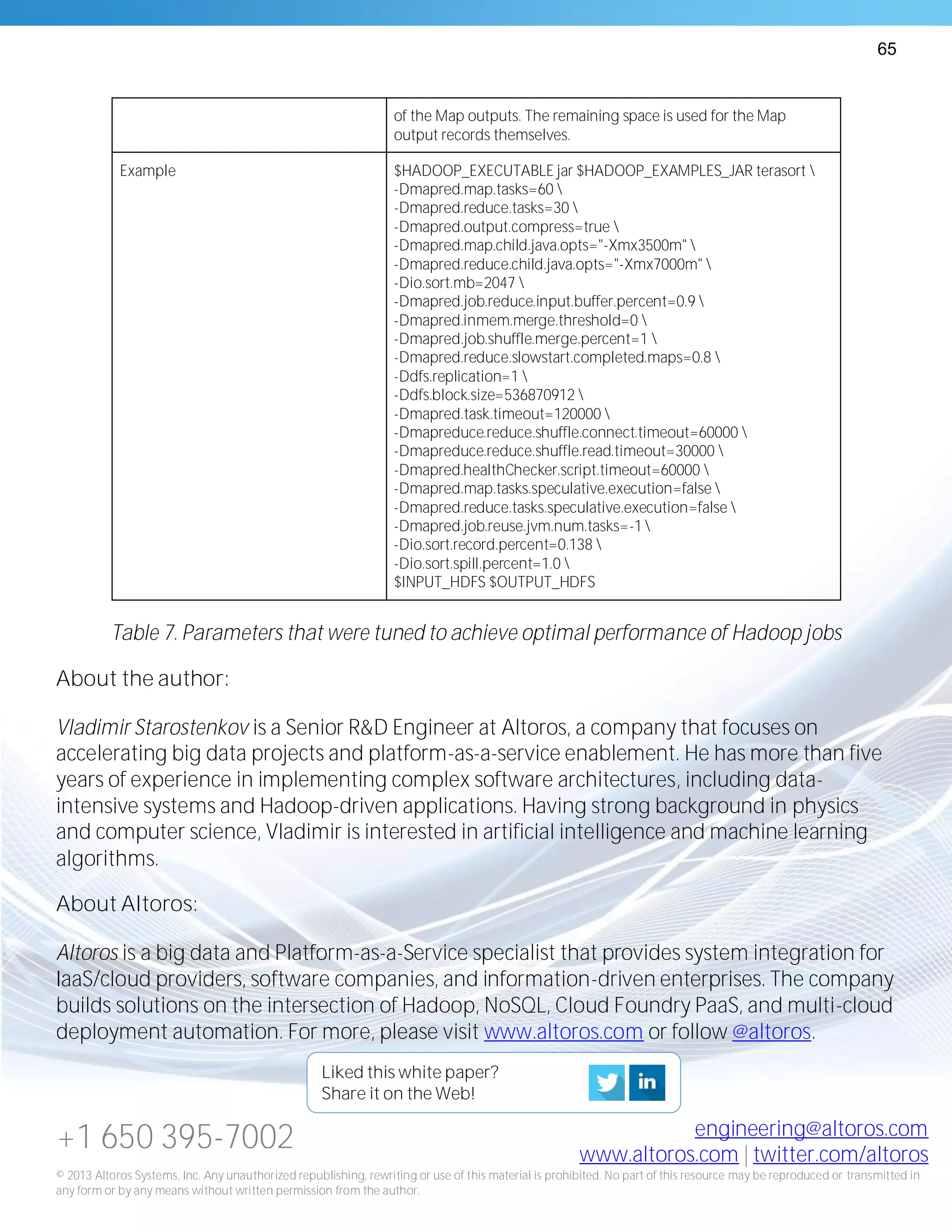 65
+1 650 395-7002 engineering@altoros.com
www.altoros.com | twitter.com/altoros
© 2013 Altoros Systems, Inc. Any unauthorized republishing, rewriting or use of this material is prohibited. No part of this resource may be reproduced or transmitted in
any form or by any means without written permission from the author.
of the Map outputs. The remaining space is used for the Map
output records themselves.
Example $HADOOP_EXECUTABLE jar $HADOOP_EXAMPLES_JAR terasort 
-Dmapred.map.tasks=60 
-Dmapred.reduce.tasks=30 
-Dmapred.output.compress=true 
-Dmapred.map.child.java.opts="-Xmx3500m" 
-Dmapred.reduce.child.java.opts="-Xmx7000m" 
-Dio.sort.mb=2047 
-Dmapred.job.reduce.input.buffer.percent=0.9 
-Dmapred.inmem.merge.threshold=0 
-Dmapred.job.shuffle.merge.percent=1 
-Dmapred.reduce.slowstart.completed.maps=0.8 
-Ddfs.replication=1 
-Ddfs.block.size=536870912 
-Dmapred.task.timeout=120000 
-Dmapreduce.reduce.shuffle.connect.timeout=60000 
-Dmapreduce.reduce.shuffle.read.timeout=30000 
-Dmapred.healthChecker.script.timeout=60000 
-Dmapred.map.tasks.speculative.execution=false 
-Dmapred.reduce.tasks.speculative.execution=false 
-Dmapred.job.reuse.jvm.num.tasks=-1 
-Dio.sort.record.percent=0.138 
-Dio.sort.spill.percent=1.0 
$INPUT_HDFS $OUTPUT_HDFS
Table 7. Parameters that were tuned to achieve optimal performance of Hadoop jobs
About the author:
Vladimir Starostenkov is a Senior R&D Engineer at Altoros, a company that focuses on
accelerating big data projects and platform-as-a-service enablement. He has more than five
years of experience in implementing complex software architectures, including data-
intensive systems and Hadoop-driven applications. Having strong background in physics
and computer science, Vladimir is interested in artificial intelligence and machine learning
algorithms.
About Altoros:
Altoros is a big data and Platform-as-a-Service specialist that provides system integration for
IaaS/cloud providers, software companies, and information-driven enterprises. The company
builds solutions on the intersection of Hadoop, NoSQL, Cloud Foundry PaaS, and multi-cloud
deployment automation. For more, please visit www.altoros.com or follow @altoros.
Liked this white paper?
Share it on the Web!
 