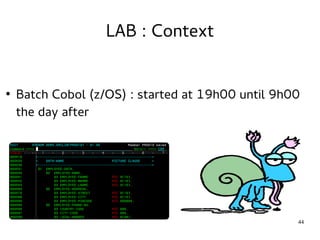 44 
LAB : Context 
● Batch Cobol (z/OS) : started at 19h00 until 9h00 
the day after 
 