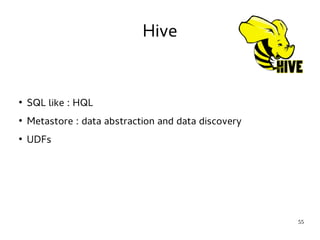 55 
● SQL like : HQL 
● Metastore : data abstraction and data discovery 
● UDFs 
Hive 
 