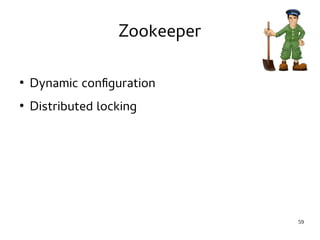 59 
Zookeeper 
● Dynamic configuration 
● Distributed locking 
 