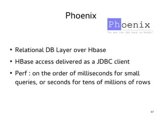 67 
Phoenix 
● Relational DB Layer over Hbase 
● HBase access delivered as a JDBC client 
● Perf : on the order of milliseconds for small 
queries, or seconds for tens of millions of rows 
 
