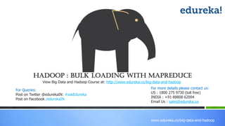 www.edureka.co/big-data-and-hadoop
Hadoop : Bulk loading with Mapreduce
View Big Data and Hadoop Course at: http://www.edureka.co/big-data-and-hadoop
For more details please contact us:
US : 1800 275 9730 (toll free)
INDIA : +91 88808 62004
Email Us : sales@edureka.co
For Queries:
Post on Twitter @edurekaIN: #askEdureka
Post on Facebook /edurekaIN
 