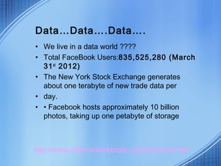 Data…Data….Data….
• We live in a data world ????
• Total FaceBook Users:835,525,280 (March
  31 st 2012)
• The New York Stock Exchange generates
  about one terabyte of new trade data per
• day.
• • Facebook hosts approximately 10 billion
  photos, taking up one petabyte of storage



http://www.internetworldstats.com/facebook.htm
 