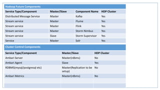 Hadoop Future Components
Service Type/Component Master/Slave Component Name HDP Cluster
Distributed Message Service Master Kafka Yes
Stream service Master Flume Yes
Stream service Master Flink Yes
Stream service Master Storm Nimbus Yes
Stream service Slave Storm Supervisor Yes
Service Master Solr Yes
Cluster Control Components
Service Type/Component Master/Slave HDP Cluster
Ambari Server Master(rdbms) No
Ambari Agent Slave Yes
RDBMS(mysql/postgresql etc) Master(Replication to be
setup)
No
Ambari Metrics Master(rdbms) No
 