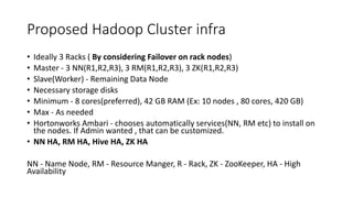 Proposed Hadoop Cluster infra
• Ideally 3 Racks ( By considering Failover on rack nodes)
• Master - 3 NN(R1,R2,R3), 3 RM(R1,R2,R3), 3 ZK(R1,R2,R3)
• Slave(Worker) - Remaining Data Node
• Necessary storage disks
• Minimum - 8 cores(preferred), 42 GB RAM (Ex: 10 nodes , 80 cores, 420 GB)
• Max - As needed
• Hortonworks Ambari - chooses automatically services(NN, RM etc) to install on
the nodes. If Admin wanted , that can be customized.
• NN HA, RM HA, Hive HA, ZK HA
NN - Name Node, RM - Resource Manger, R - Rack, ZK - ZooKeeper, HA - High
Availability
 