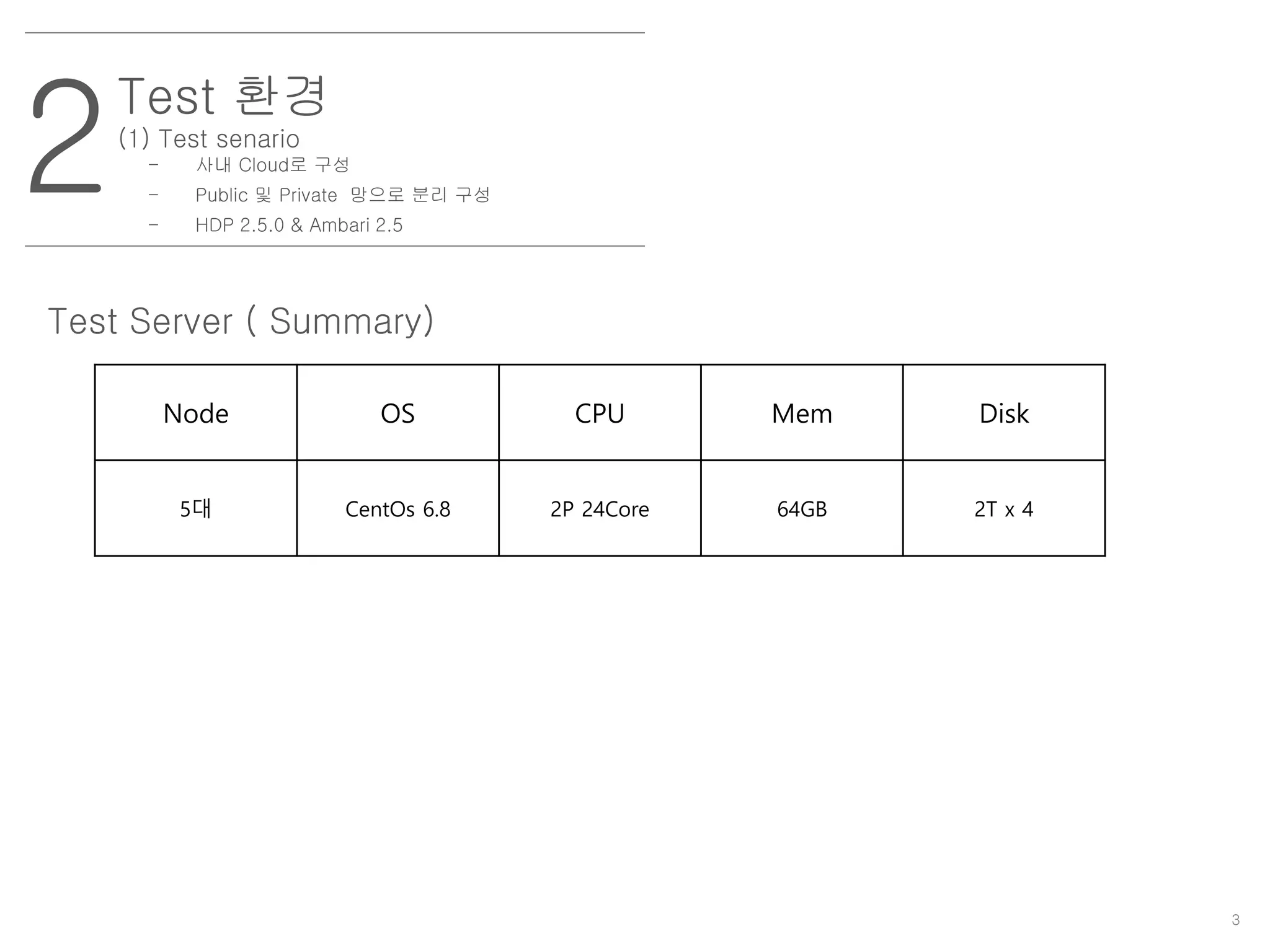 3
2
Test 환경
(1) Test senario
- 사내 Cloud로 구성
- Public 및 Private 망으로 분리 구성
- HDP 2.5.0 & Ambari 2.5
Node OS CPU Mem Disk
5대 CentOs 6.8 2P 24Core 64GB 2T x 4
Test Server ( Summary)
 