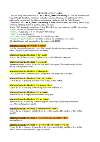 HADOOP -- COMMANDS
There are many more commands in "$HADOOP_HOME/bin/hadoop fs" than are demonstrated
here, although these basic operations will get you started. Running ./bin/hadoop dfs with no
additional arguments will list all the commands that can be run with the FsShell system.
Furthermore, $HADOOP_HOME/bin/hadoop fs -help commandName will display a short usage
summary for the operation in question, if you are stuck.
A table of all the operations is shown below. The following conventions are used for parameters:
"<path>" m eans any file or directory nam e.
"<path>..." m eans one or m ore file or directory nam es.
"<file>" m eans any filenam e.
"<src>" and "<dest>" are path nam es in a directed operation.
"<localSrc>" and "<localDest>" are paths as above, but on the local file system .
All other files and path names refer to the objects inside HDFS.
hdadmin@ubuntu:$ hadoop fs -ls <path>
Lists the contents of the directory specified by path, showing the names, permissions,
owner, size and modification date for each entry.
hdadmin@ubuntu:$ hadoop fs -lsr <path>
Behaves like -ls, but recursively displays entries in all subdirectories of path.
hdadmin@ubuntu:$ hadoop fs -du <path>
Shows disk usage, in bytes, for all the files which match path; filenames are reported with
the full HDFS protocol prefix.
hdadmin@ubuntu:$ hadoop fs -dus <path>
Like -du, but prints a summary of disk usage of all files/directories in the path.
hdadmin@ubuntu:$ hadoop fs -mv <src><dest>
Moves the file or directory indicated by src to dest, within HDFS.
hdadmin@ubuntu:$ hadoop fs -cp <src> <dest>
Copies the file or directory identified by src to dest, within HDFS.
hdadmin@ubuntu:$ hadoop fs -rm <path>
Removes the file or empty directory identified by path.
hdadmin@ubuntu:$ hadoop fs -rmr <path>
Removes the file or directory identified by path. Recursively deletes any child entries
i. e. , filesorsubdirectoriesofpath.
hdadmin@ubuntu:$ hadoop fs -put <localSrc> <dest>
Copies the file or directory from the local file system identified by localSrc to dest within
the DFS.
hdadmin@ubuntu:$ hadoop fs -copyFromLocal <localSrc> <dest>
Identical to -put
hdadmin@ubuntu:$ hadoop fs -moveFromLocal <localSrc> <dest>
Copies the file or directory from the local file system identified by localSrc to dest within
HDFS, and then deletes the local copy on success.
 