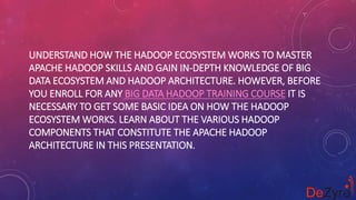 UNDERSTAND HOW THE HADOOP ECOSYSTEM WORKS TO MASTER
APACHE HADOOP SKILLS AND GAIN IN-DEPTH KNOWLEDGE OF BIG
DATA ECOSYSTEM AND HADOOP ARCHITECTURE. HOWEVER, BEFORE
YOU ENROLL FOR ANY BIG DATA HADOOP TRAINING COURSE IT IS
NECESSARY TO GET SOME BASIC IDEA ON HOW THE HADOOP
ECOSYSTEM WORKS. LEARN ABOUT THE VARIOUS HADOOP
COMPONENTS THAT CONSTITUTE THE APACHE HADOOP
ARCHITECTURE IN THIS PRESENTATION.
 