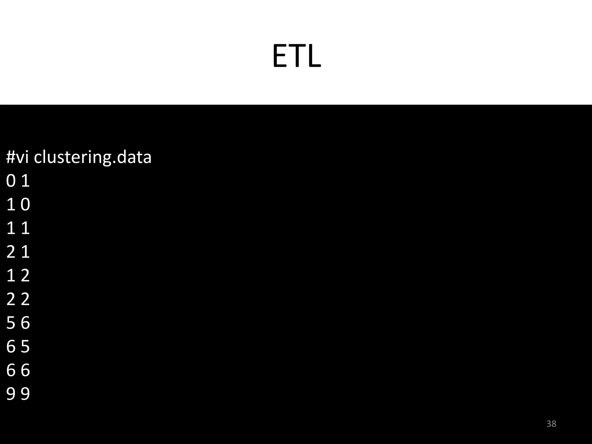 ETL 
#vi clustering.data 
0 1 
1 0 
1 1 
2 1 
1 2 
2 2 
5 6 
6 5 
6 6 
9 9 
38 
 
