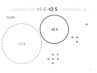…canopy.Job -t1 6 -t2 5 -i testdata -o… 
42 
-t2 5 
-t1 6 
找出2群 
 