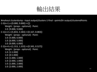 輸出結果 
#mahout clusterdump --input output/clusters-1-final --pointsDir output/clusteredPoints 
C-0{n=1 c=[9.000, 9.000] r=[]} 
Weight : [props - optional]: Point: 
1.0: [9.000, 9.000] 
C-1{n=2 c=[5.833, 5.583] r=[0.167, 0.083]} 
Weight : [props - optional]: Point: 
1.0: [5.000, 6.000] 
1.0: [6.000, 5.000] 
1.0: [6.000, 6.000] 
C-2{n=4 c=[1.313, 1.333] r=[0.345, 0.527]} 
Weight : [props - optional]: Point: 
1.0: [1:1.000] 
1.0: [0:1.000] 
1.0: [1.000, 1.000] 
1.0: [2.000, 1.000] 
1.0: [1.000, 2.000] 
1.0: [2.000, 2.000] 
44 
 
