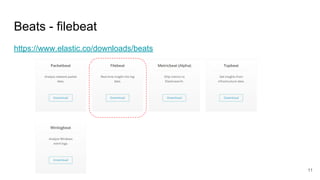 https://www.elastic.co/downloads/beats
Beats - filebeat
11
 