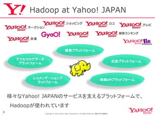 Hadoop at Yahoo! JAPAN




                                        検索プラットフォーム

      アクセスログデータ
                           ...