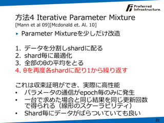 方法4 Iterative Parameter Mixture
[Mann et al 09][Mcdonald et. Al. 10]

     Parameter Mixtureを少しだけ改造

1.   データを分割しshardに配る
...