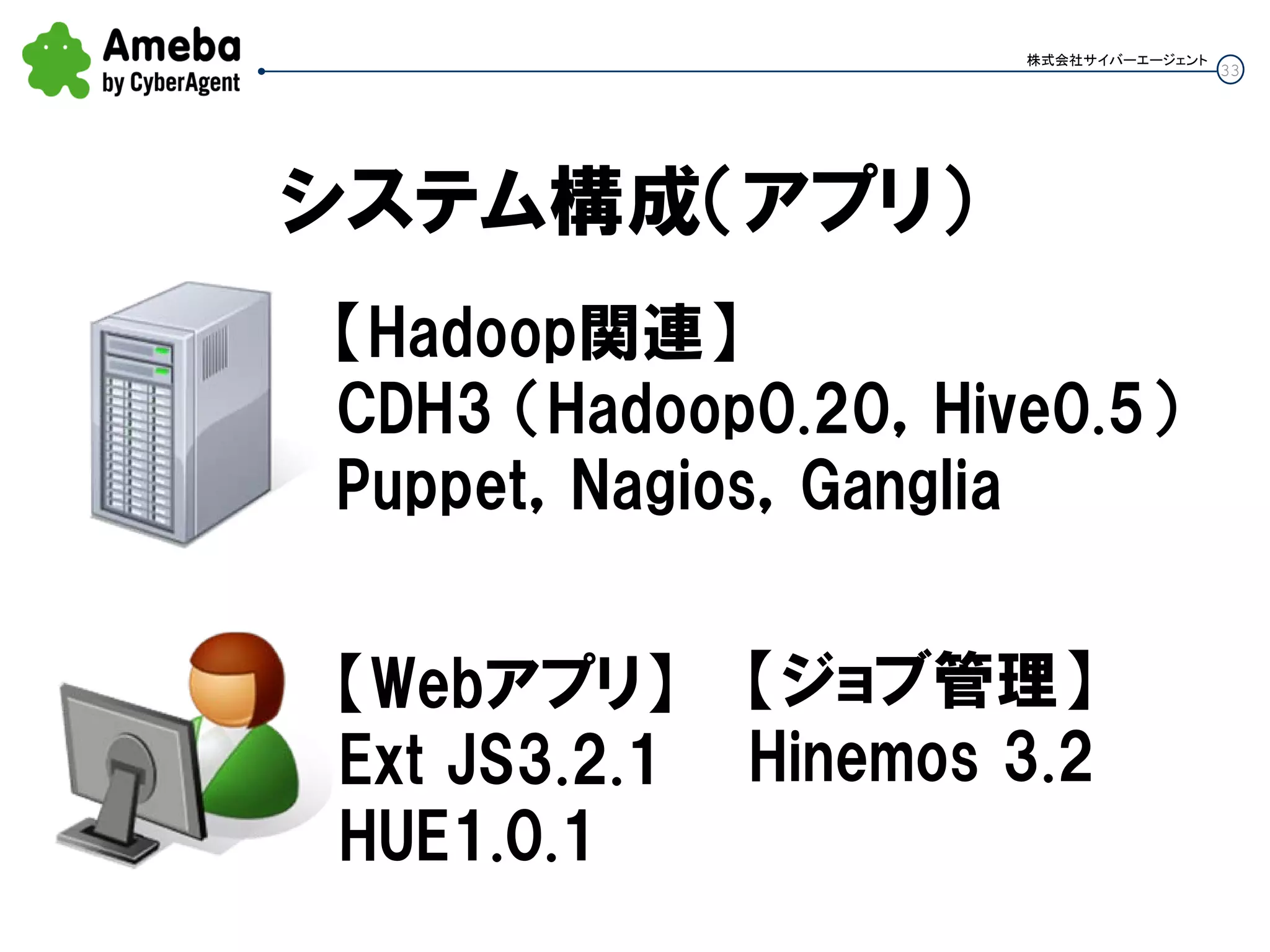 33
株式会社サイバーエージェント
システム構成（アプリ）
【Webアプリ】
Ext JS3.2.1
HUE1.0.1
【Hadoop関連】
CDH3 （Hadoop0.20，Hive0.5）
Puppet，Nagios，Ganglia
【ジョブ管理】
Hinemos 3.2
 
