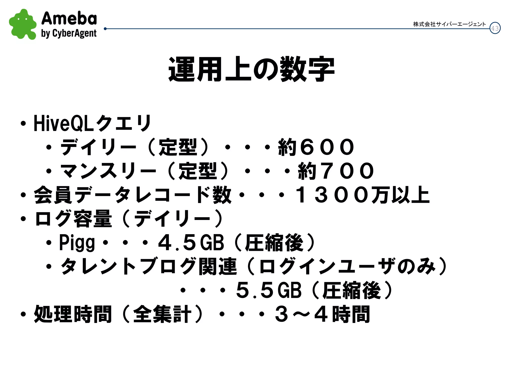 43
株式会社サイバーエージェント
運用上の数字
• HiveQLクエリ
• デイリー（定型）・・・約６００
• マンスリー（定型）・・・約７００
• 会員データレコード数・・・１３００万以上
• ログ容量（デイリー）
• Pigg・・・４.５GB（圧縮後）
• タレントブログ関連（ログインユーザのみ）
・・・５.５GB（圧縮後）
• 処理時間（全集計）・・・３～４時間
 