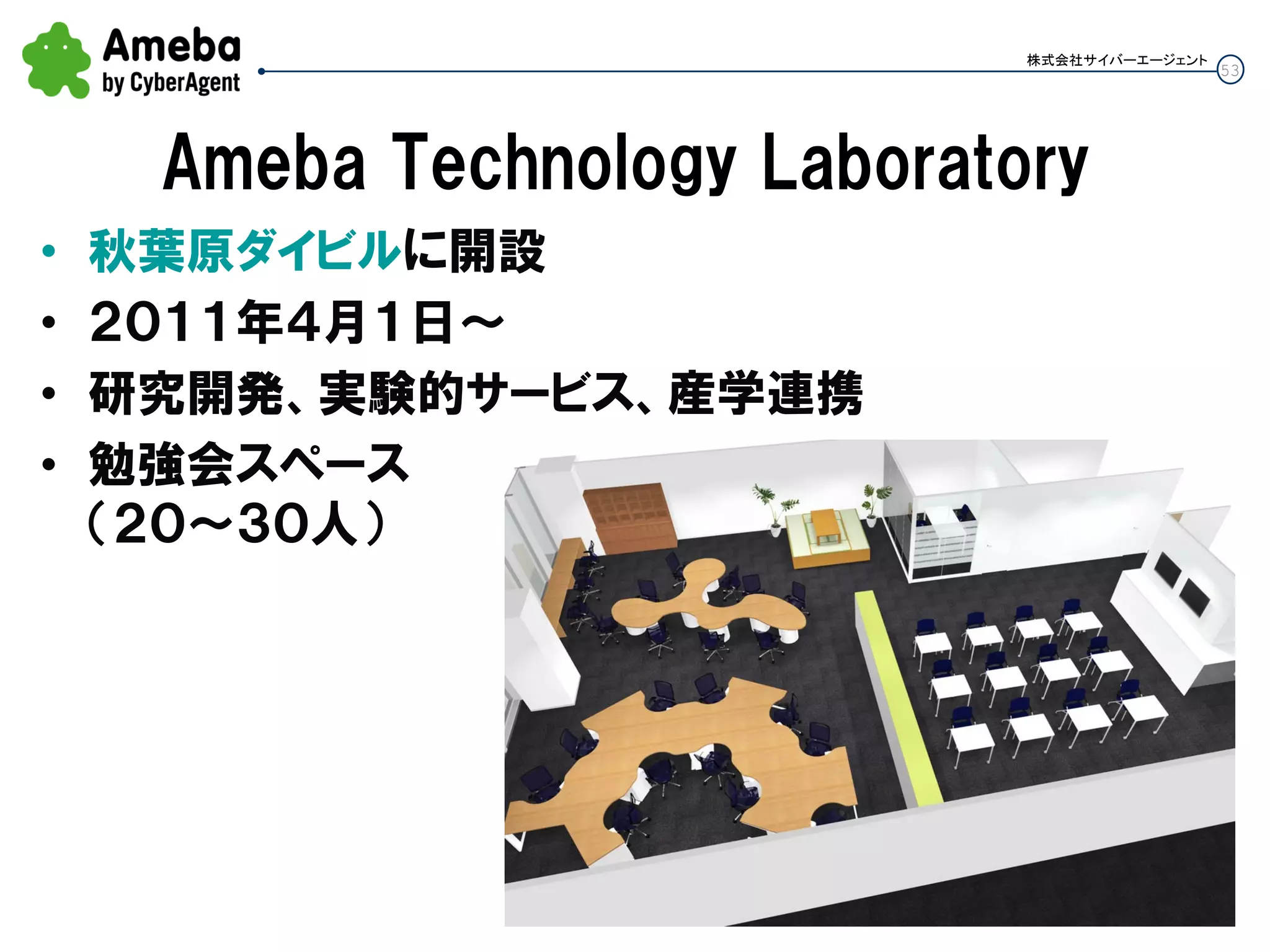 53
株式会社サイバーエージェント
Ameba Technology Laboratory
• 秋葉原ダイビルに開設
• ２０１１年４月１日～
• 研究開発、実験的サービス、産学連携
• 勉強会スペース
（２０～３０人）
 