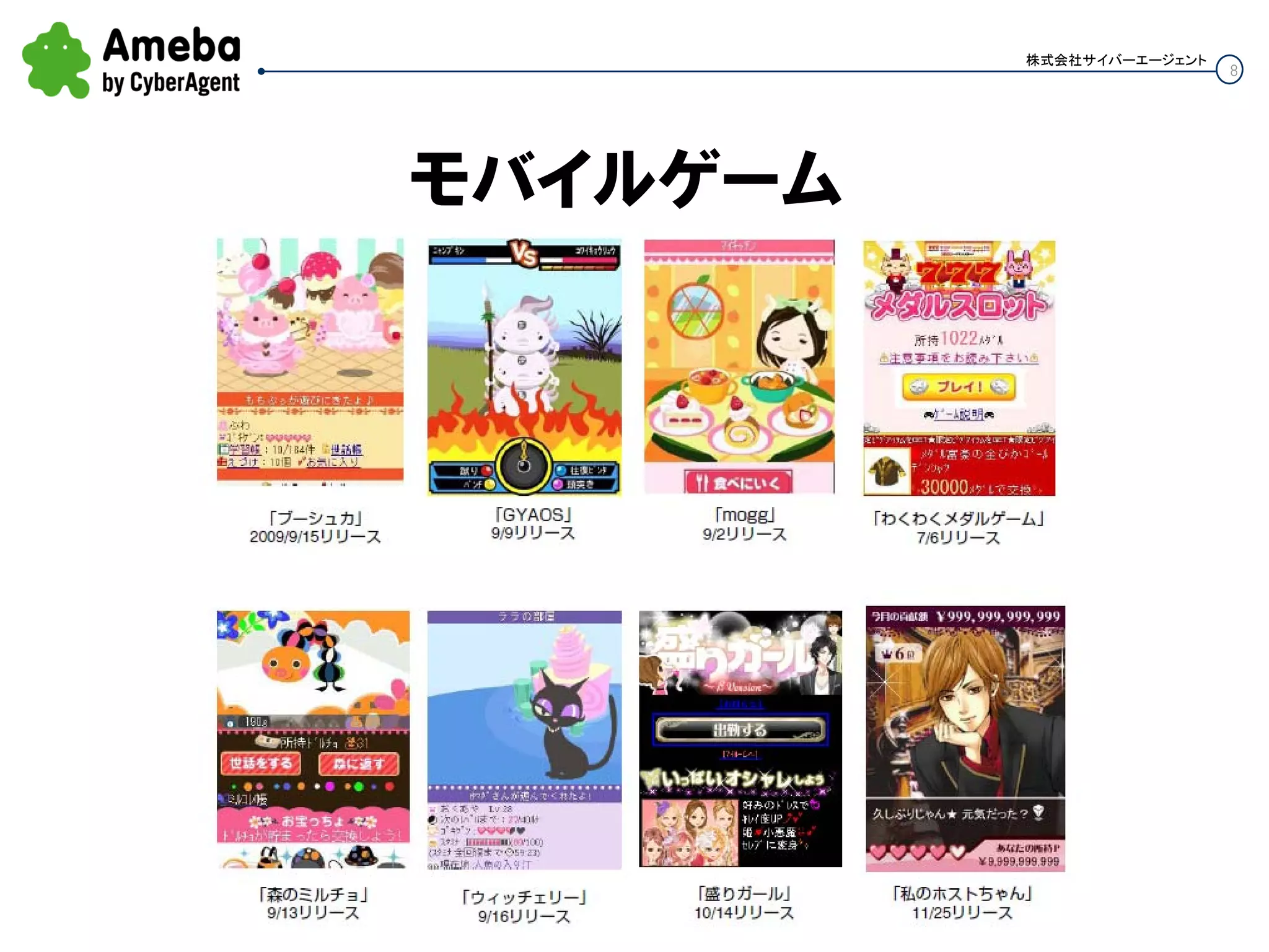 8
株式会社サイバーエージェント
モバイルゲーム
 