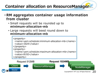 20Copyright©2014 NTT corp. All Rights Reserved.
Container allocation on ResourceManager
• RM aggregates container usage information
from cluster
• Small requests will be rounded up to
minimum-allocation-mb
• Large requests will beed round down to
minimum-allocation-mb
<property>
<name>yarn.scheduler.minimum-allocation-mb</name>
<value>1024</value>
</property>
<property>
<name>yarn.scheduler.maximum-allocation-mb</name>
<value>8192</value>
</property>
ResourceManagerClient
Request 512MB
NodeManager
NodeManager
NodeManager
Request 1024MB
Master
 